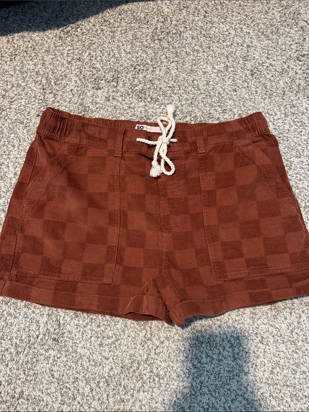 SO Rust Checkerboard Corduroy Drawstring Shorts